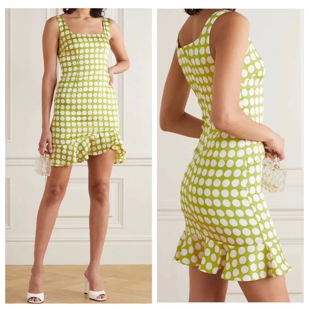 De La Vali Christobel Mini Dress 6 Small Green Polka Dot Retro Mod Ruffle Hem - Picture 2 of 9